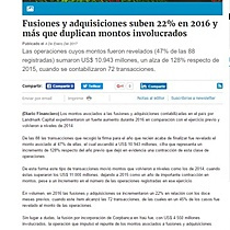 Fusiones y adquisiciones suben 22% en 2016 y ms que duplican montos involucrados